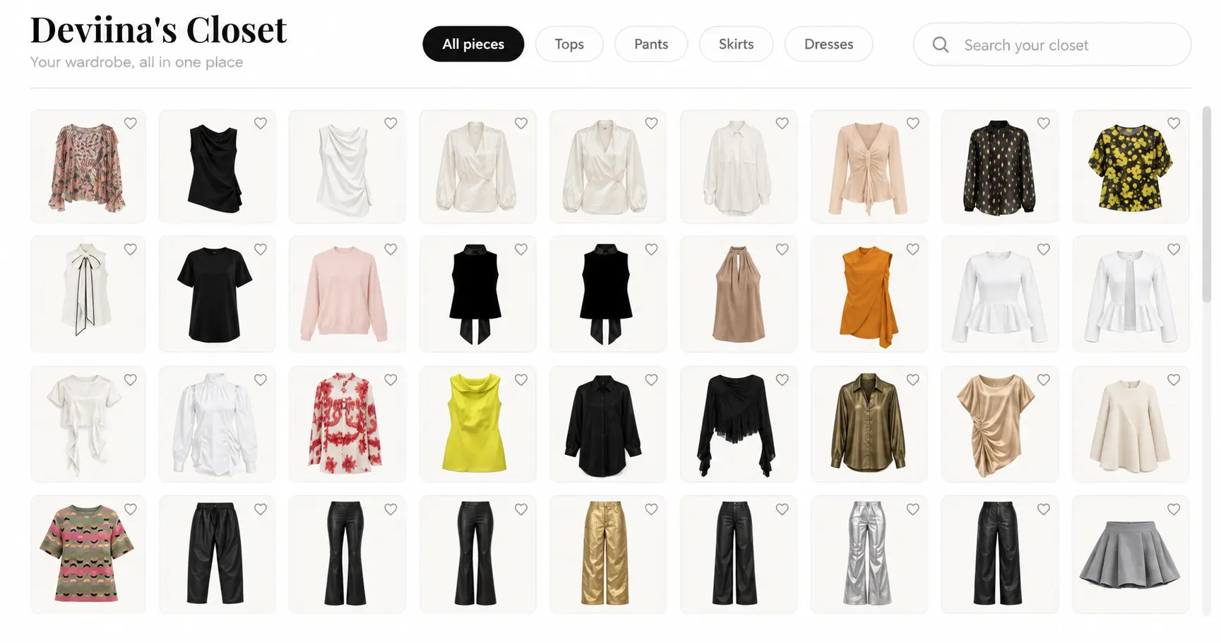 A digital closet interface showing a grid of wardrobe pieces organized by category.